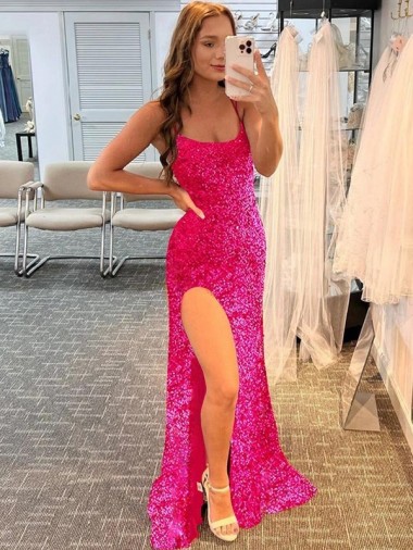 Affordable Sheath Spaghetti Straps Velvet Sequins Sweep Train Fuchsia Velvet Sequin Evening Dress Canada