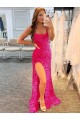 Affordable Sheath Spaghetti Straps Velvet Sequins Sweep Train Fuchsia Velvet Sequin Evening Dress Canada