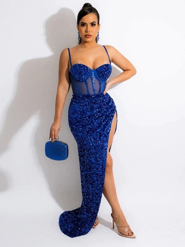 Affordable Sheath Spaghetti Straps Velvet Sequins Sweep Train Royal Blue Velvet Sequin Evening Gown Canada
