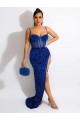 Affordable Sheath Spaghetti Straps Velvet Sequins Sweep Train Royal Blue Velvet Sequin Evening Gown Canada