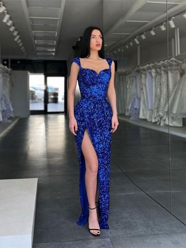 Affordable Sheath Spaghetti Straps Velvet Sequins Sweep Train Royal Blue Velvet Sequin Evening Gowns Canada