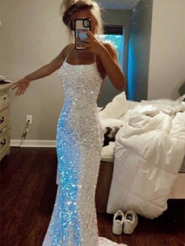 Affordable Sheath Spaghetti Straps Velvet Sequins Sweep Train Velvet Sequin Evening Gown Canada