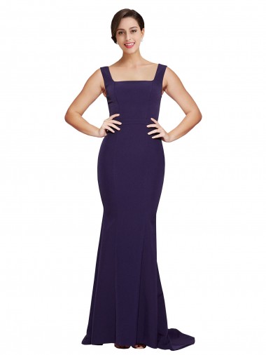 Affordable Sheath Square Neck Stretch Crepe Sweep Train Dark Navy Semi Formal Evening Dress Canada
