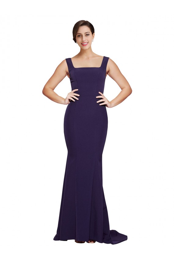 Affordable Sheath Square Neck Stretch Crepe Sweep Train Dark Navy Semi Formal Evening Dress Canada