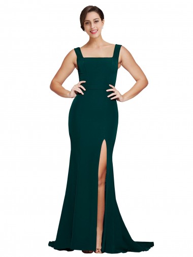 Affordable Sheath Square Neck Stretch Crepe Sweep Train Midnight Green Semi Formal Evening Dress Canada