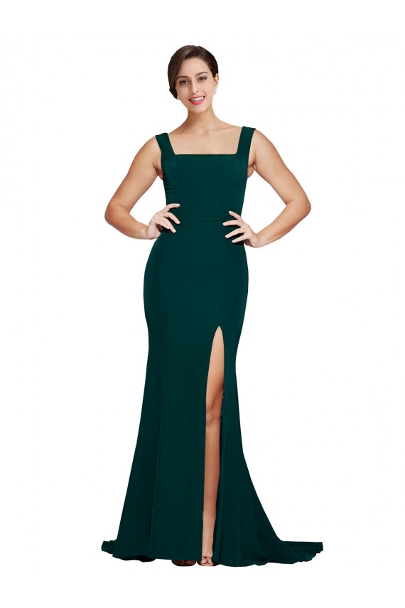 Affordable Sheath Square Neck Stretch Crepe Sweep Train Midnight Green Semi Formal Evening Dress Canada