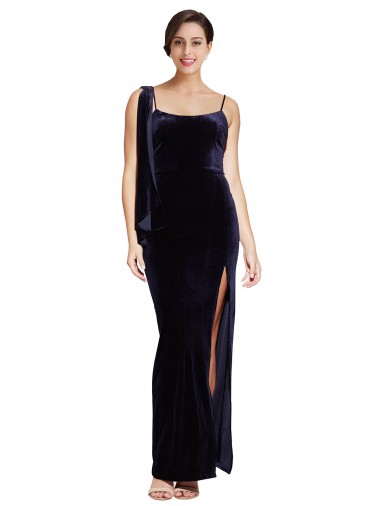 Affordable Sheath Square Neck Stretch Velvet Long Dark Navy Formal Evening Dress Canada