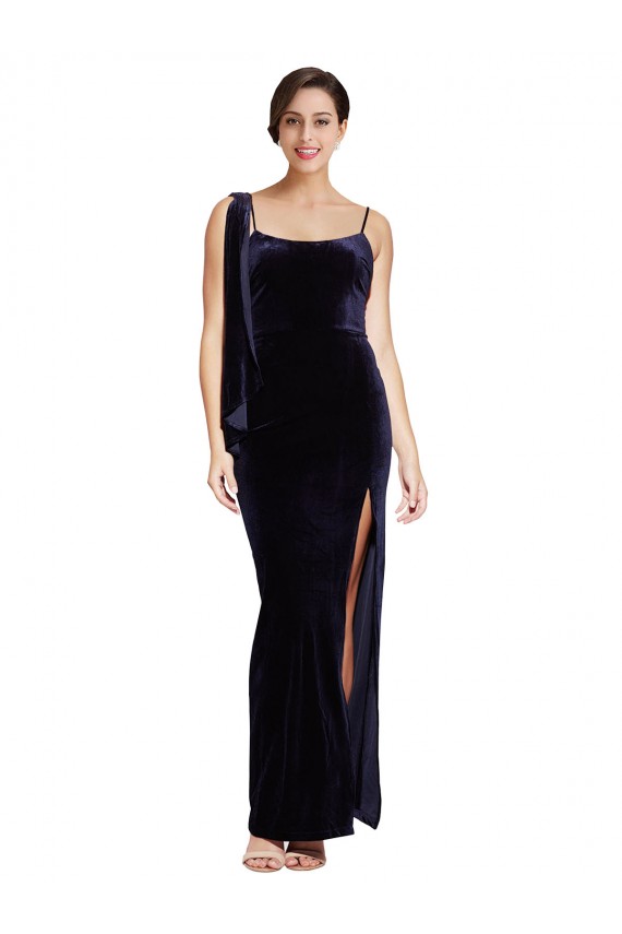 Affordable Sheath Square Neck Stretch Velvet Long Dark Navy Formal Evening Dress Canada