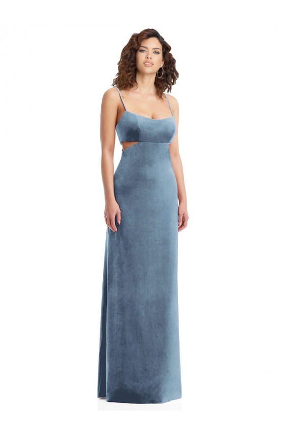 Affordable Sheath Square Neck Stretch Velvet Long Dusty Blue Formal Evening Dress Canada