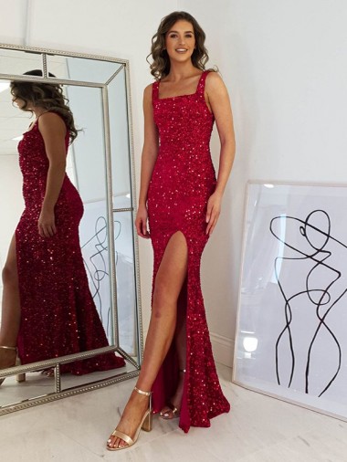Affordable Sheath Square Neck Velvet Sequins Long Burgundy Velvet Sequin Evening Dress Canada