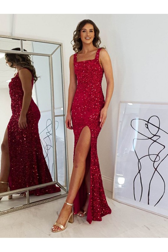 Affordable Sheath Square Neck Velvet Sequins Long Burgundy Velvet Sequin Evening Dress Canada