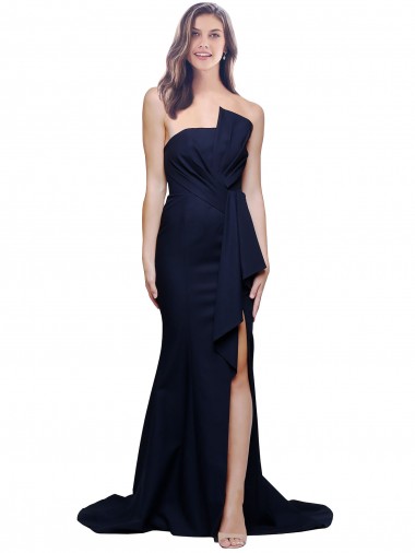 Affordable Sheath Strapless Stretch Crepe Sweep Train Dark Navy Semi Formal Evening Dress Canada