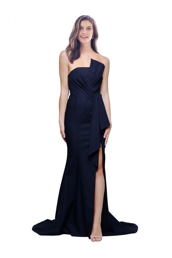 Affordable Sheath Strapless Stretch Crepe Sweep Train Dark Navy Semi Formal Evening Dress Canada