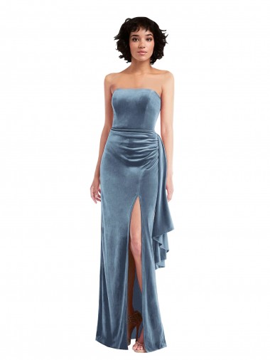 Affordable Sheath Strapless Stretch Velvet Long Dusty Blue Formal Evening Dress Canada