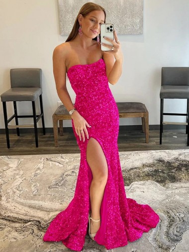 Affordable Sheath Strapless Velvet Sequins Sweep Train Fuchsia Velvet Sequin Evening Dress Canada