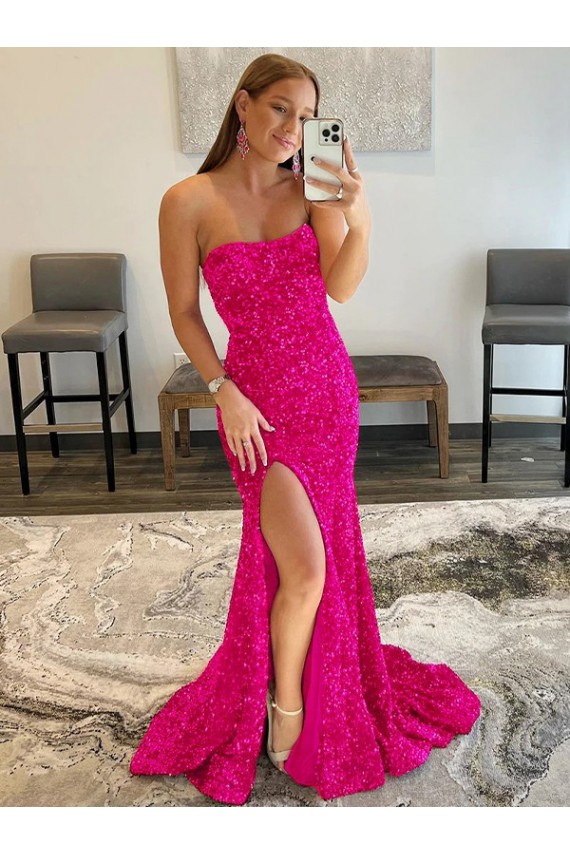 Affordable Sheath Strapless Velvet Sequins Sweep Train Fuchsia Velvet Sequin Evening Dress Canada