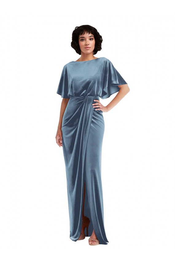 Affordable Sheath Stretch Velvet Long Dusty Blue Semi Formal Evening Dress Canada