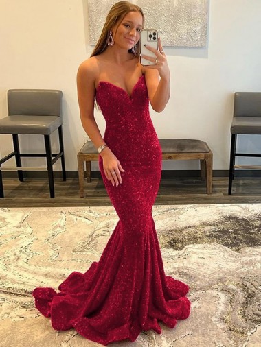 Affordable Sheath Sweetheart Velvet Sequins Sweep Train Burgundy Velvet Sequin Evening Dress Canada