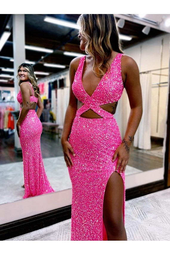 Affordable Sheath V-Neck Velvet Sequins Long Sweep Train Velvet Sequin Evening Dress Canada