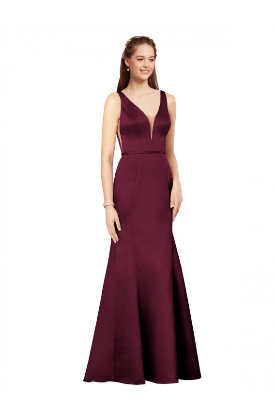 Affordable Sheath V-Neck Satin Long Burgundy Formal Evening Dress Canada