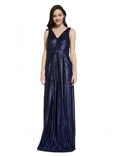 Affordable Sheath V-Neck Sequin Long Dark Navy Formal Evening Dress Canada