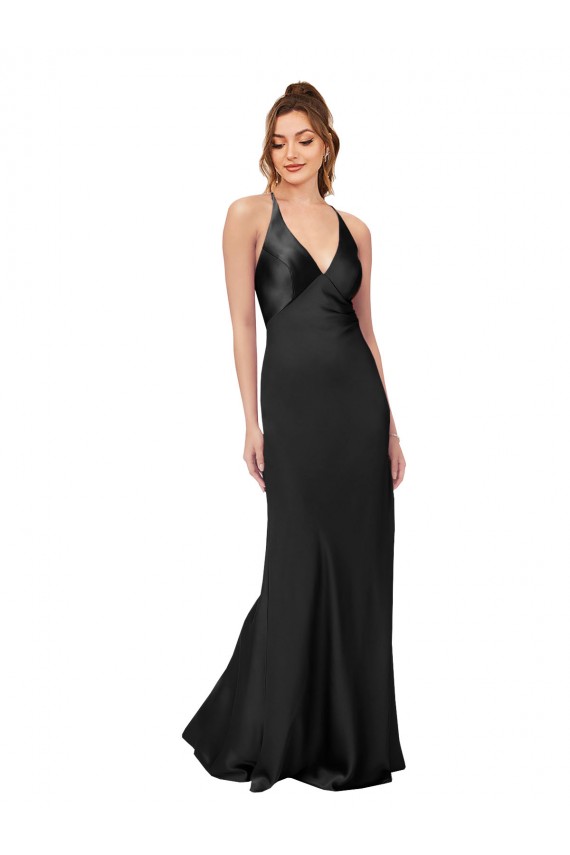 Affordable Sheath V-Neck Silky Satin Long Black Black Tie Evening Dress Canada