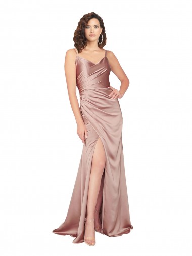 Affordable Sheath V-Neck Silky Satin Long Dusty Pink Black Tie Evening Dress Canada