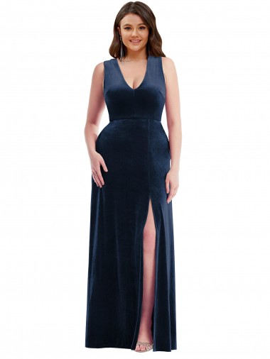 Affordable Sheath V-Neck Stretch Velvet Long Dark Navy Formal Plus Size Evening Dress Canada