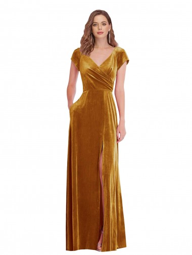 Affordable Sheath V-Neck Stretch Velvet Long Gold Formal Evening Dress Canada