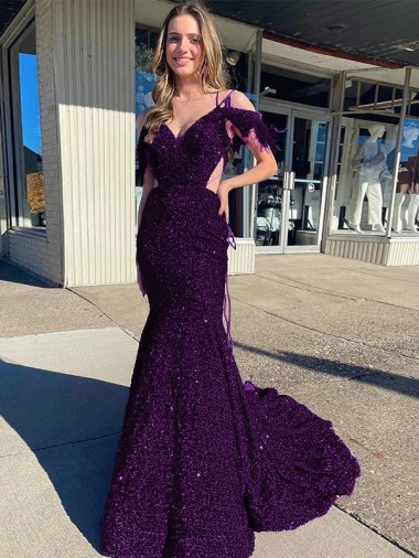 Affordable Sheath V-Neck Velvet Sequins Court Train Plum Purple Velvet Sequin Evening Dress Canada