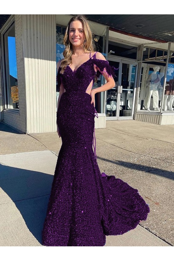 Affordable Sheath V-Neck Velvet Sequins Court Train Plum Purple Velvet Sequin Evening Dress Canada