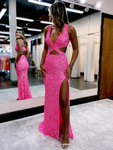 Affordable Sheath V-Neck Velvet Sequins Long Sweep Train Velvet Sequin Evening Dress Canada