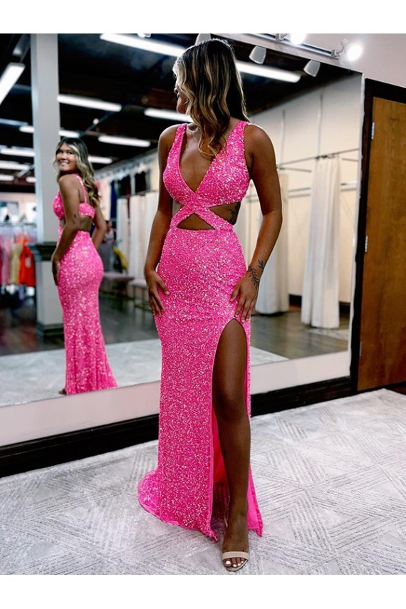 Affordable Sheath V-Neck Velvet Sequins Long Sweep Train Velvet Sequin Evening Dress Canada