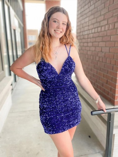 Affordable Sheath V-Neck Velvet Sequins Short Velvet Sequin Cocktail Evening Gowns Canada