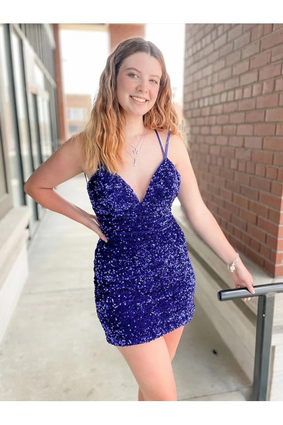 Affordable Sheath V-Neck Velvet Sequins Short Velvet Sequin Cocktail Evening Gowns Canada