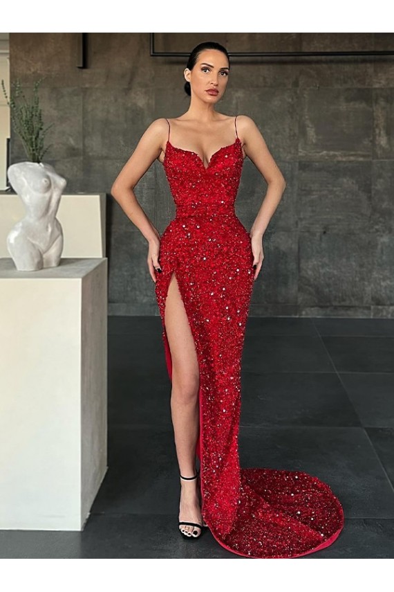 Affordable Sheath V-Neck Velvet Sequins Sweep Train Red Velvet Sequin Evening Dress Canada