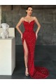 Affordable Sheath V-Neck Velvet Sequins Sweep Train Red Velvet Sequin Evening Dress Canada