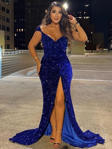 Affordable Sheath V-Neck Velvet Sequins Sweep Train Royal Blue Velvet Sequin Dress Canada