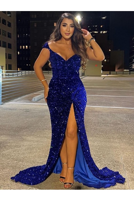 Affordable Sheath V-Neck Velvet Sequins Sweep Train Royal Blue Velvet Sequin Dress Canada