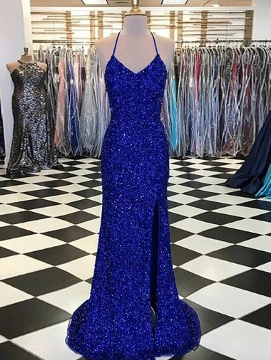 Affordable Sheath V-Neck Velvet Sequins Sweep Train Royal Blue Velvet Sequin Evening Dress Canada