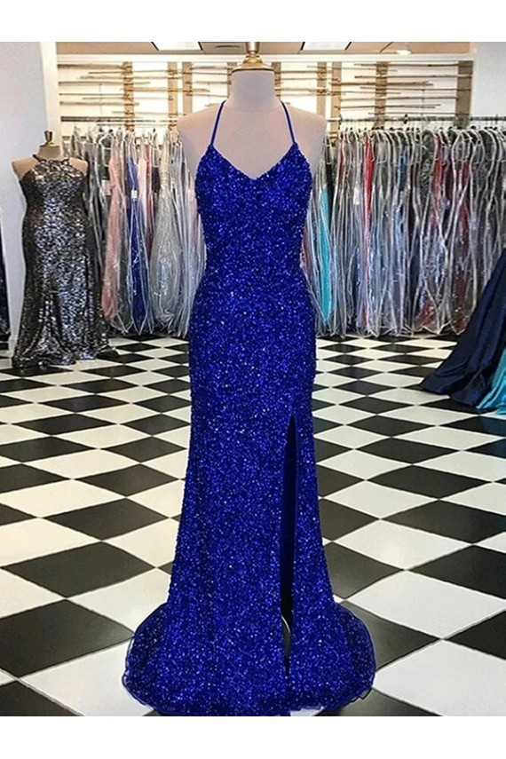 Affordable Sheath V-Neck Velvet Sequins Sweep Train Royal Blue Velvet Sequin Evening Dress Canada