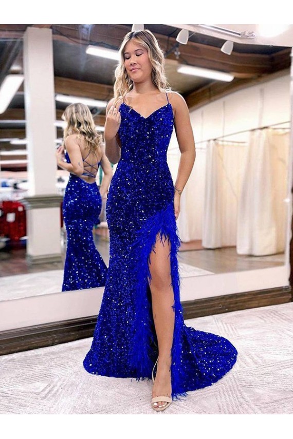 Affordable Sheath V-Neck Velvet Sequins Sweep Train Royal Blue Velvet Sequin Evening Gown Canada