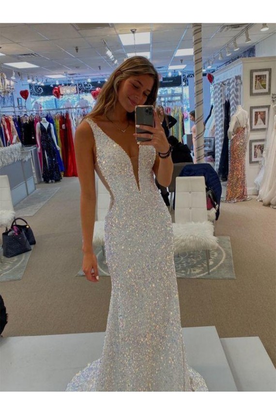 Affordable Sheath V-Neck Velvet Sequins Sweep Train Velvet Sequin Evening Gown Canada