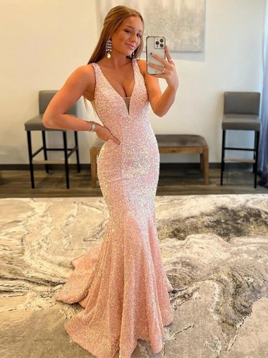 Affordable Sheath V-Neck Velvet Sequins Sweep Train Velvet Sequin Evening Gowns Canada
