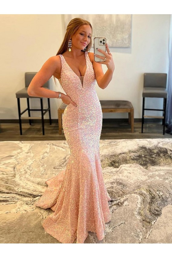Affordable Sheath V-Neck Velvet Sequins Sweep Train Velvet Sequin Evening Gowns Canada