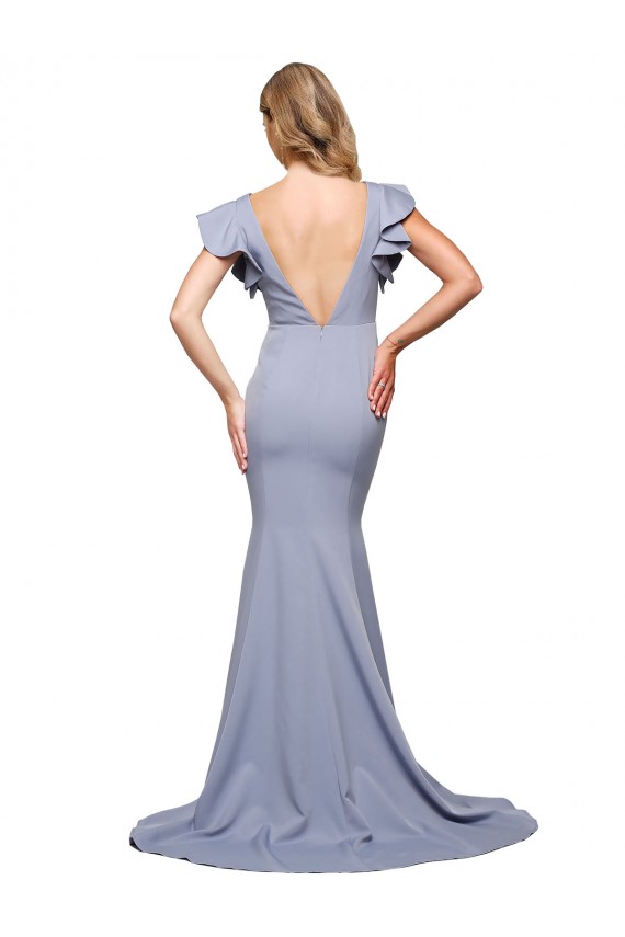Affordable Mermaid Round Neck Stretch Crepe Sweep Train Smoke Blue Formal Evening Dress Canada