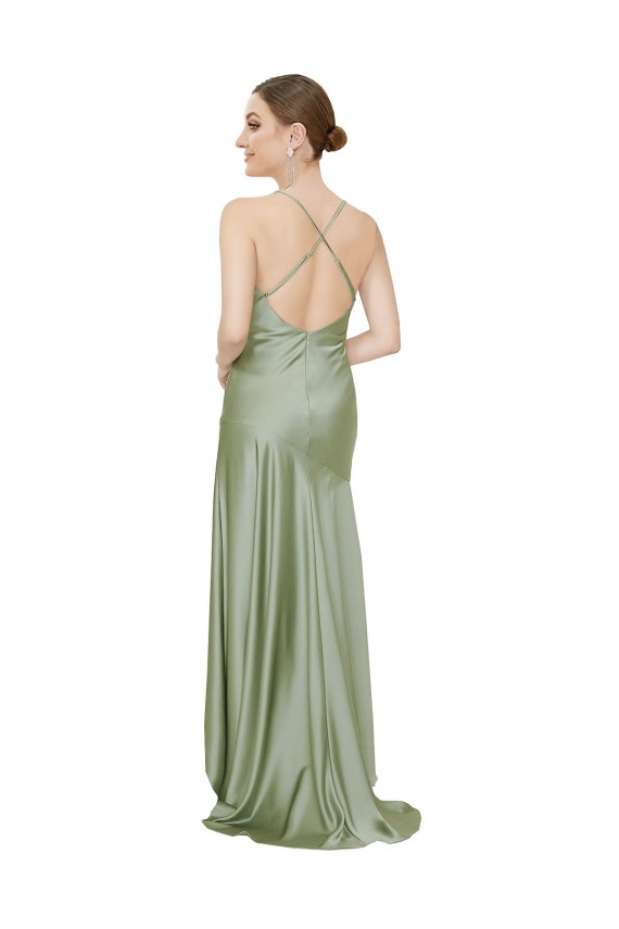 Affordable A-Line Cowl Neck Silky Satin Long Smoke Green High Low Evening Dress Canada