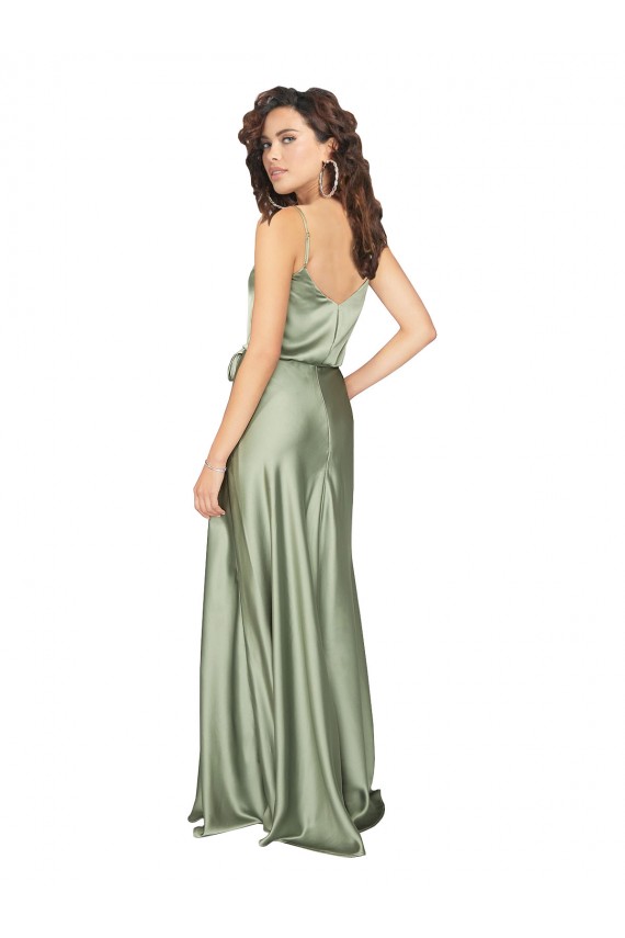 Affordable A-Line V-Neck Silky Satin Long Smoke Green Formal Evening Dress Canada