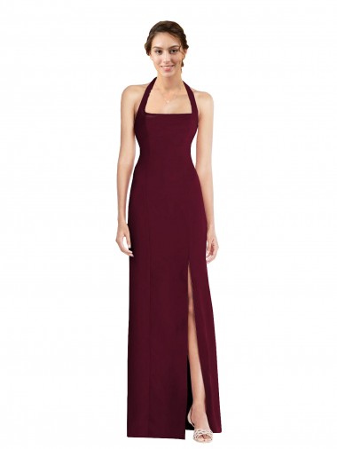 Affordable Trumpet Halter Neck Stretch Crepe Long Burgundy Gold Semi Formal Evening Dress Canada
