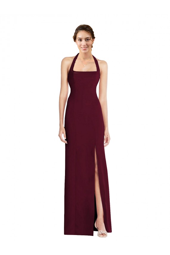 Affordable Trumpet Halter Neck Stretch Crepe Long Burgundy Gold Semi Formal Evening Dress Canada